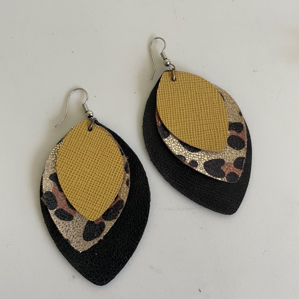 Faux Leather Leaf Shape Earrings Leopard Cheetah Print Gold and Black Handmade